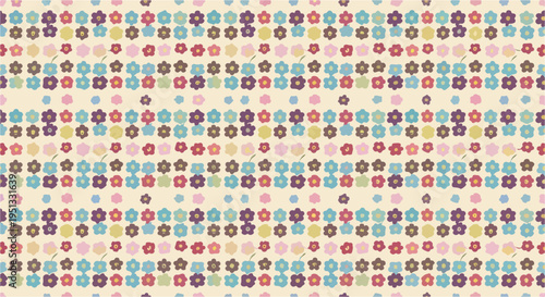 Seamless pattern of small vibrant flowers in mixed colors creating a fresh, lively, and decorative textile background