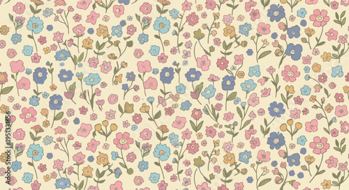 Colorful scattered flower blossoms pattern with playful arrangement ideal for spring themed designs and cheerful backgrounds