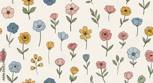 Tiny floral blossoms scattered evenly in vibrant colors forming a seamless background with a soft and happy aesthetic