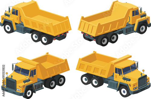 Set of isometric yellow dump truck vector illustrations showing four different angles for construction industry logistics heavy machinery transport 