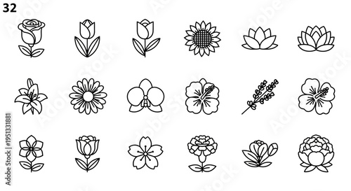 Outline flower icon collection showcasing eighteen different plant species for modern digital user interface