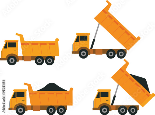 Yellow dump truck vector illustration set showing different stages of operation including loaded with coal