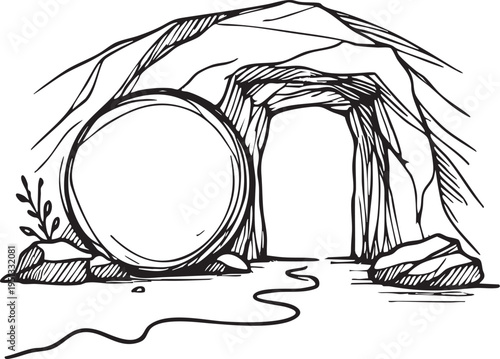   
Empty Tomb Resurrection Illustration Vector – Black and White Christian Symbol of Easter Morning