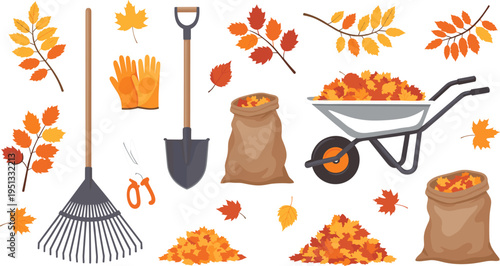 Fall Gardening Tools for Leaf Collection and Yard Cleanup with Rake, Shovel, Wheelbarrow, and Gloves for Autumn Maintenance