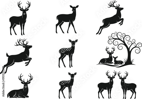 Deer Silhouette Vector Illustration Set Featuring Stags Fawns Jumping Bucks and Reindeer Icons for Hunting Logos Christmas Decor and Forest Graphics