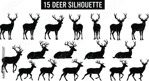 Deer silhouette vector illustration set, black stag and buck icons, cad drawing flat vector illustration, flavector, isolated on white background.
