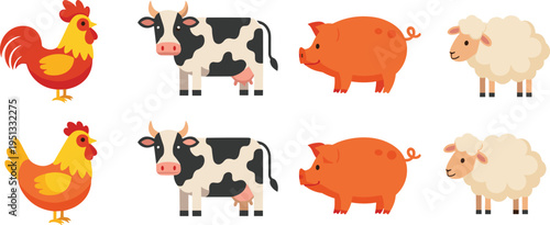 Set of cute flat farm animal vector illustrations featuring a rooster, chicken, dairy cow, pink pig, 
