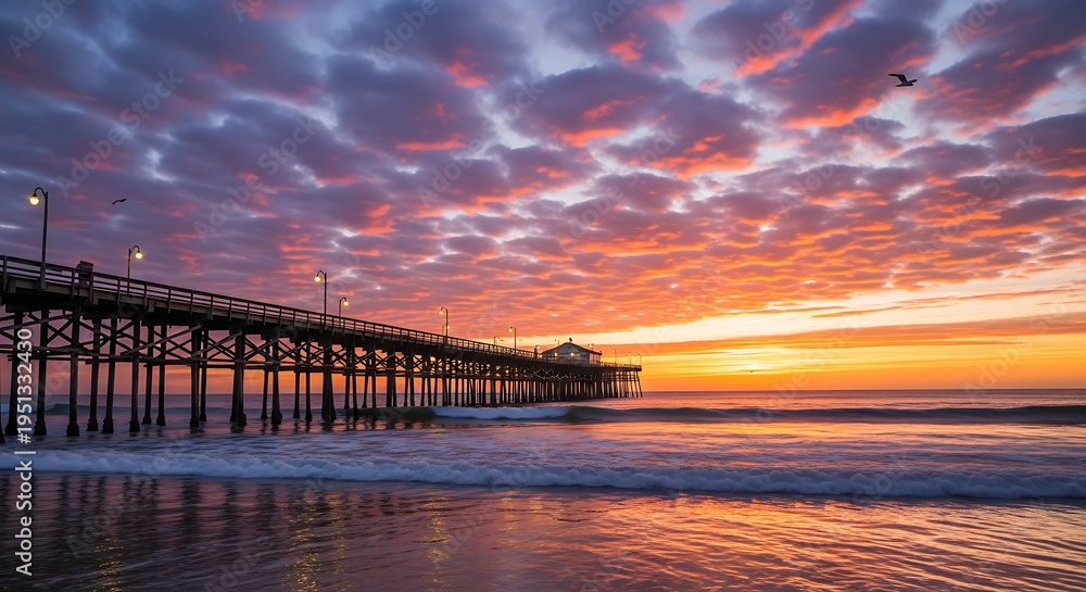 Fototapeta premium dramatic cloudy sky landscape with sunset over ocean pier