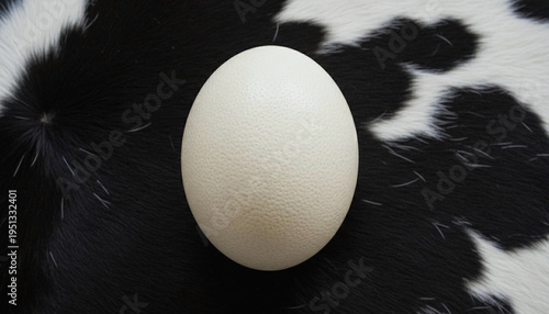 Close-up macro photograph of a large intact white ostrich egg resting on a black and white animal fur background, with soft dramatic side lighting.