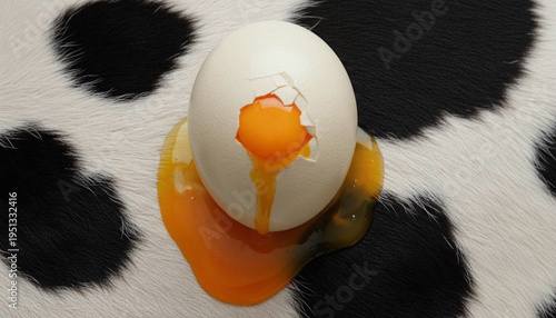 Broken ostrich egg with vivid orange yolk on animal (cow) fur texture