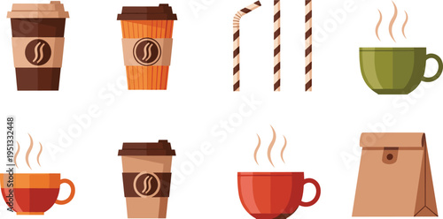 Coffee Cups, Mugs, Straws, and Takeaway Bags Vector Icons Set for Beverages, Cafes, Hot Drinks, and Coffee Lovers