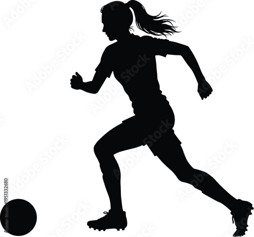 Female soccer player silhouette running with ball, woman football athlete action pose, sports vector illustration, isolated black player figure