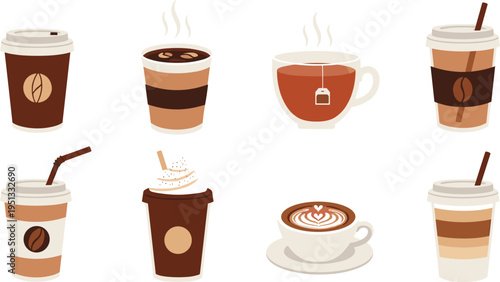 Coffee Drinks Icons Set with Cups, Tea, Iced Coffee, Lattes, and Hot Beverages Vector Illustration