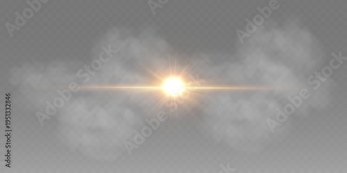 Bright sun light effect illuminating dense smoke or fog on a transparent background