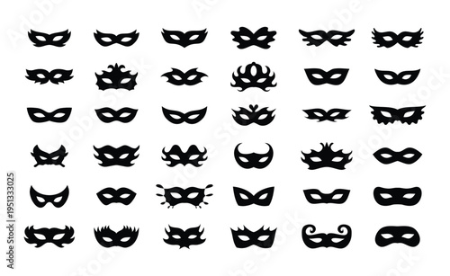 Carnival masks silhouettes icon set. Simple black icons masquerade mask, for party, parad, carnival, Halloween. Mask elements isolated sign, symbol