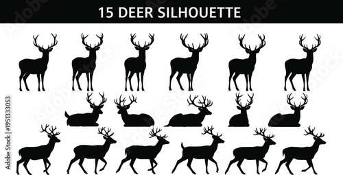 Fifteen deer silhouette collection featuring buck stags with antlers in standing, walking, and sitting poses for wildlife nature vector design elements.