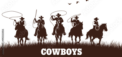 Five silhouettes of cowboys riding horses and throwing lassos on a ranch field with birds and vintage western typography.