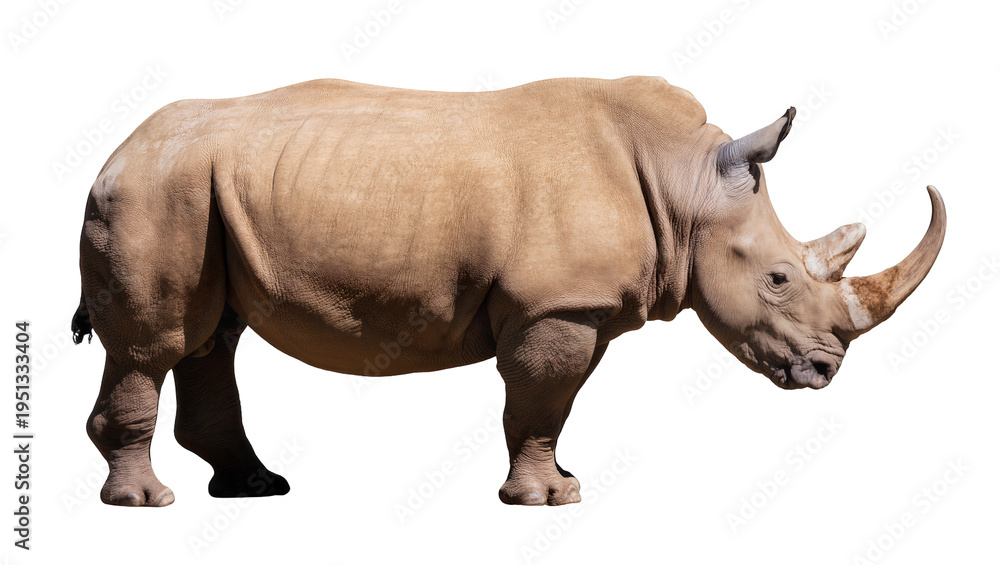 Fototapeta premium Isolated large adult white rhinoceros standing in profile, powerful endangered animal
