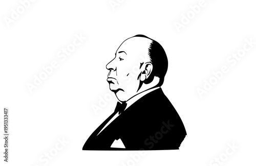 Iconic Thriller Film Director Profile Silhouette, Classic Cinema Master of Suspense Vector Sticker, Vintage Hollywood Director Icon