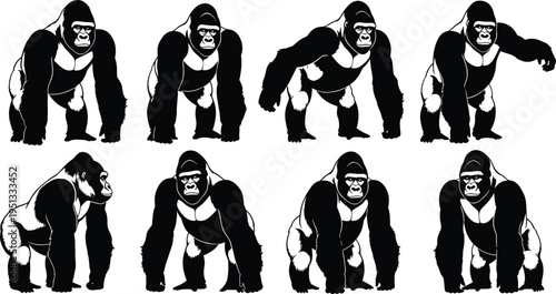 Gorilla silhouette vector illustration set, black silverback primate icons, wild jungle ape character collection isolated on white background, nature.