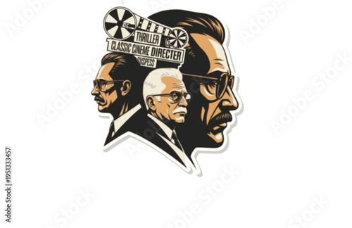 Iconic Thriller Film Director Profile Silhouette, Classic Cinema Master of Suspense Vector Sticker, Vintage Hollywood Director Icon