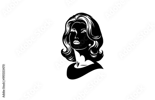 Italian Cinema Siren with Wavy Hair Silhouette, 1960s European Movie Star Vector Sticker, Mediterranean Glamour Illustration