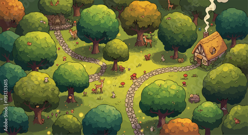 Charming isometric fantasy forest landscape vector with winding path, cozy cottage, deer, and lush green trees for game backgrounds or storybook illustrations