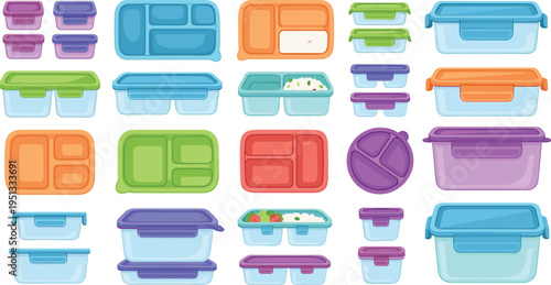 Colorful Food Storage Containers and Lunch Box Vector Icon Set with Compartment Meal Prep Boxes Kitchen Organizer and Plastic Storage Illustration