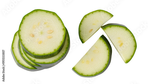 Obraz na płótnie Isolated fresh zucchini slices, round and quarter-cut, vibrant green edges, heal