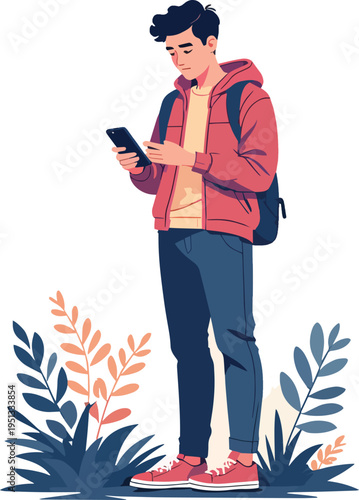 Illustrazione vettoriale di una persona in piedi che guarda lo smartphone. Concetto di comunicazione digitale, social media, tecnologia e connessione, ideale per lifestyle moderno, app e utilizzo quot