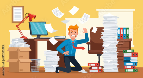 Overwhelmed Businessman in Messy Office with Flying Papers and Huge Stacks of Documents Vector Illustration