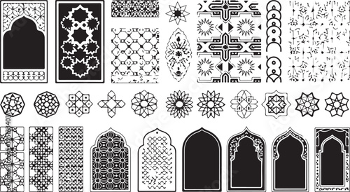 Collection of various Islamic geometric patterns and arches for design and decoration purposes