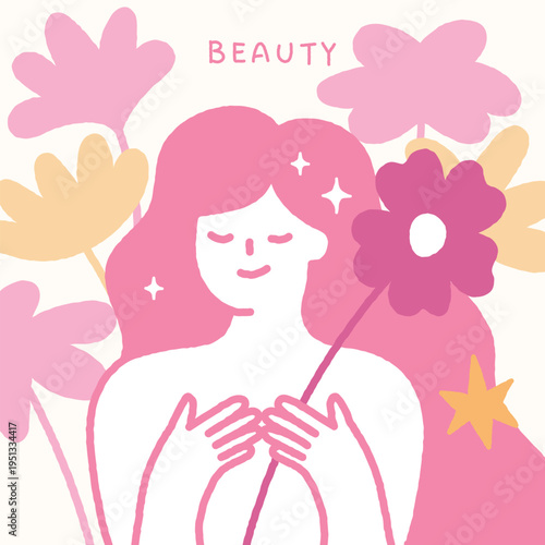 Skin care concept handdrawn illustration with beautiful woman and flowers.