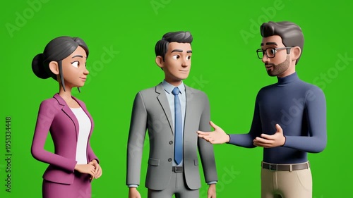 Animated business team discussing strategy on green screen background perfect for explainer videos and presentations with cartoon style characters