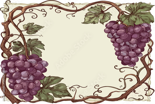 Red grapes on vine frame with leaves and bunches