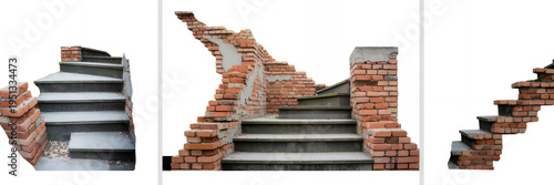 Broken brick staircase sections with gray steps