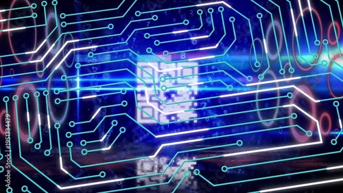 Animation of processor socket and qr code over dark background