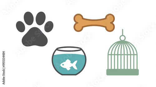 Pets and pet accessories dog bone fish bowl bird cage paw print animal care and pets