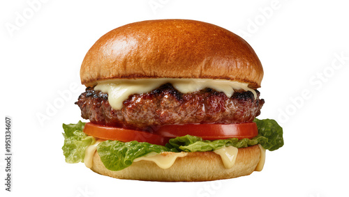 Isolated delicious gourmet cheeseburger with melted cheese, fresh tomato, and lettuce