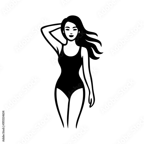 Logotipo con dibujo con líneas de una mujer con bikini de estilo retro, posando de pie con un brazo en la cabeza y el cabello al viento 