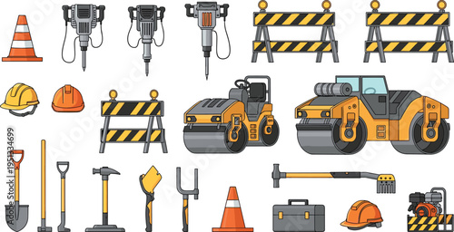 Construction Machinery and Roadwork Equipment Vector Icon Set Featuring Road Roller Jackhammer Barriers Hard Hats Traffic Cones and Tools