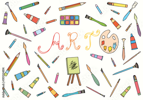 Set of drawing tools in art set. Art set in doodle style.	