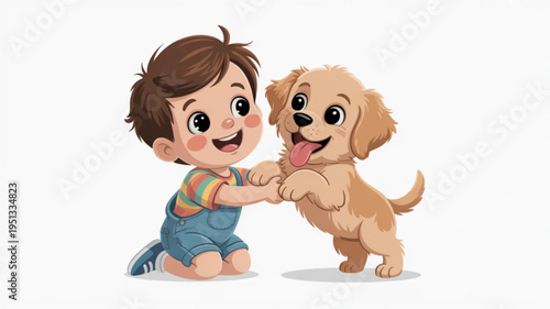 Happy toddler and golden retriever puppy playing together in a cute colorful illustration