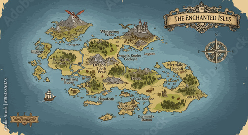 Detailed hand-drawn fantasy map of 'The Enchanted Isles' with islands, mountains, forests, castles, and a sailing ship, perfect for games and stories