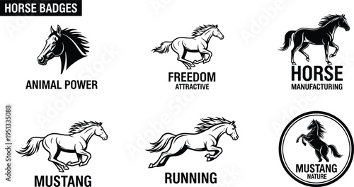 Horse badge silhouette collection of running stallions mustangs and animal power logos set, cad drawing flat vector illustration, isolated on white.