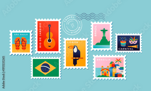 Viva Brazil colorful postage stamps. Brazilian cultural symbols and icons, including carnival mask, guitar, Christ the Redeemer, football and toucan