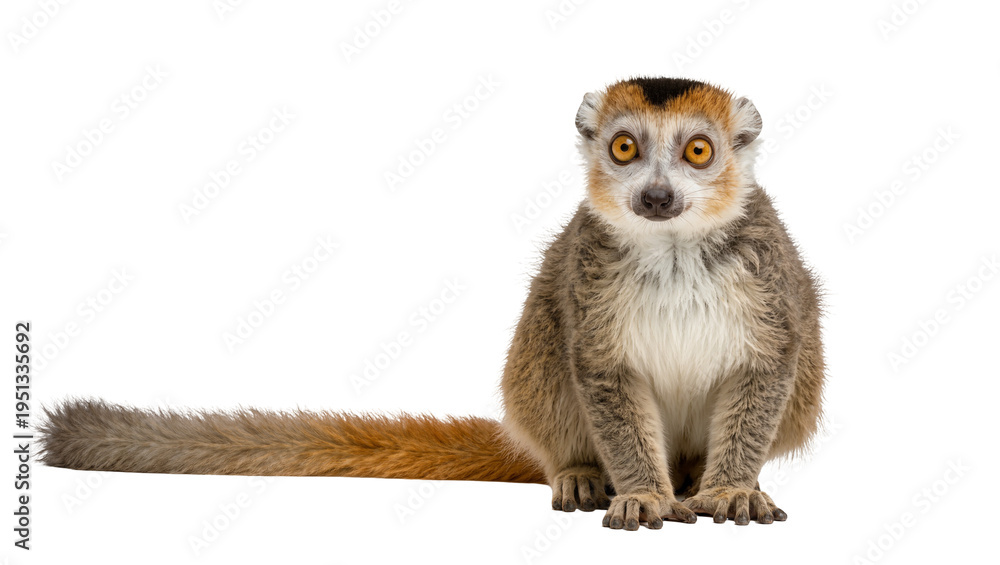 Fototapeta premium Isolated adult crowned lemur primate sitting looking directly at camera with its striking orange eyes