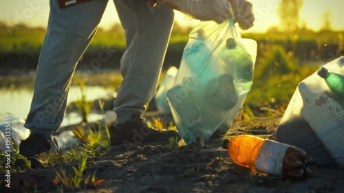 An eco-conscious activist diligently collects sorts plastic bottles refuse fading light, demonstrating commitment to environmental protection sustainable recycling practices to mitigate climate change