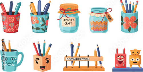 Creative and Customized Pencil Holders, Cups, and Jars with Pencils and Markers Vector Illustration for Kids and Craft Lovers