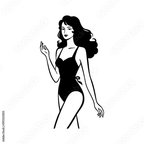 Logotipo con dibujo con líneas de una mujer con bikini de estilo retro, posando mientras camina 